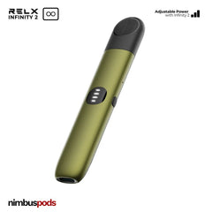 Side view of the Olive Green RELX Infinity 2 Vape Pod Device showcasing its sleek profile.