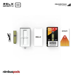 Contents of the Green Navy / Olive Green RELX Infinity 2 Vape Pod Device Kit, including device, USB charger, and user manual.