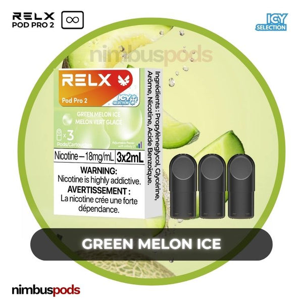 RELX Infinity Pod Pro 2 Green Melon Ice packaging highlighting three sweet melon-flavored vape pods with a cool design.