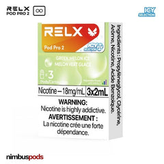 Three Green Melon Ice pods from RELX Infinity, featuring a refreshing aesthetic and juicy melon flavor.