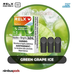 RELX Infinity Pod Pro 2 Green Grape Ice packaging showcasing three juicy grape-flavored vape pods with an icy background.