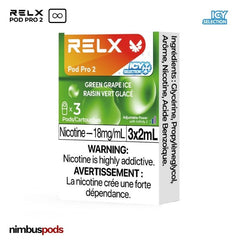 Three Green Grape Ice pods from RELX Infinity arranged in packaging, highlighting sweet grape flavor with a cool touch.