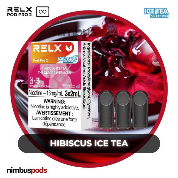 RELX Infinity Pod Pro 2 Hibiscus Ice Tea packaging featuring three floral hibiscus-flavored vape pods with a refreshing vibe.