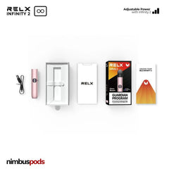 Contents of the Cherry Blossom / Light Pink RELX Infinity 2 Vape Pod Device Kit, featuring the device, USB charger, and user manual.