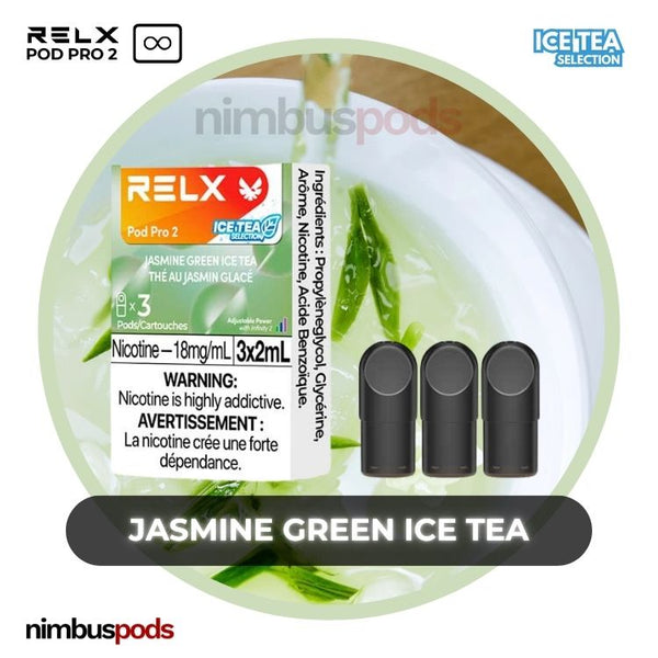 RELX Infinity Pod Pro 2 Jasmine Green Ice Tea packaging displaying three delicate jasmine-flavored vape pods with a cool touch.