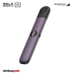 Side view of the Purple RELX Infinity 2 Vape Pod Device illustrating its sleek aesthetics.