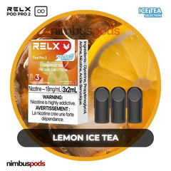 RELX Infinity Pod Pro 2 Lemon Ice Tea packaging showcasing three zesty lemon-flavored vape pods with a cool design.