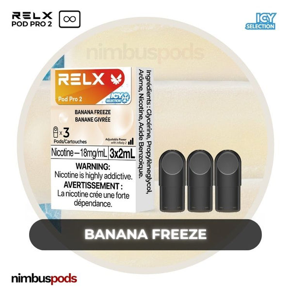 RELX Infinity Pod Pro 2 Banana Freeze packaging showcasing three banana-flavored vape pods with icy background.