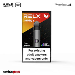 Dark Asteroid and Dark Grey RELX Infinity 2 Vape Pod Device Kit box front view featuring sleek, contemporary packaging.