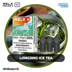 RELX Infinity Pod Pro 2 Longjing Ice Tea packaging featuring three earthy Longjing tea-flavored vape pods with a refreshing design.