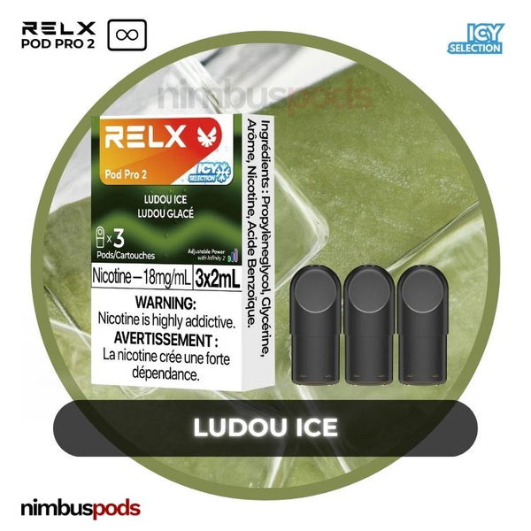 RELX Infinity Pod Pro 2 Ludou Ice packaging showcasing three mung bean-flavored vape pods with a cool design.