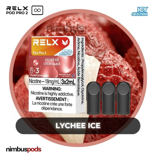 RELX Infinity Pod Pro 2 Lychee Ice packaging featuring three exotic lychee-flavored vape pods with a cool finish.