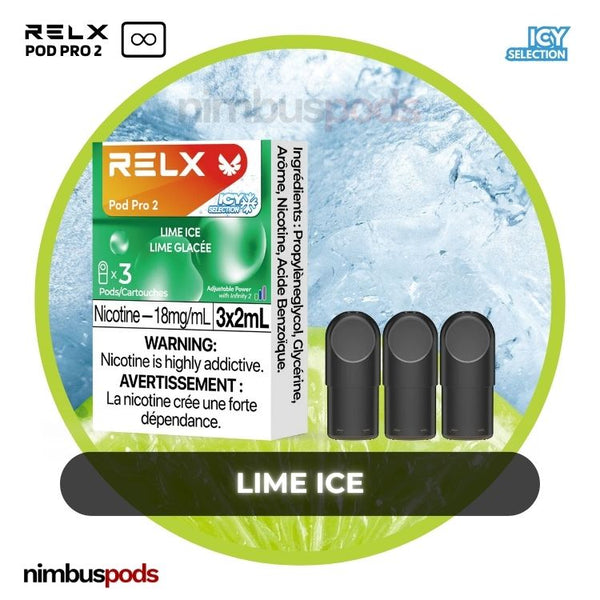 RELX Infinity Pod Pro 2 Lime Ice packaging showcasing three zesty lime-flavored vape pods with a refreshing look.