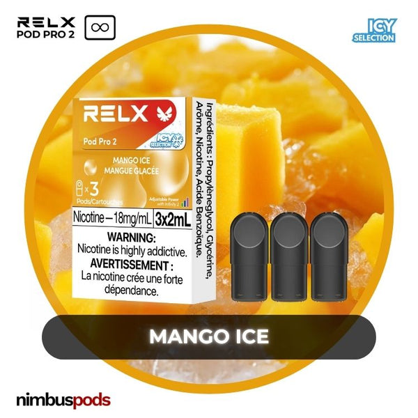 RELX Infinity Pod Pro 2 Mango Ice packaging featuring three tropical mango-flavored vape pods with a cool design.