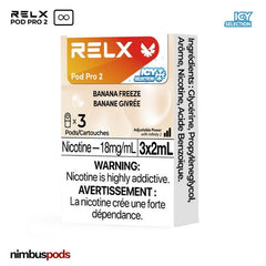 Three RELX Infinity Pod Pro 2 Banana Freeze pods arranged with an icy design, highlighting sweet banana flavor.