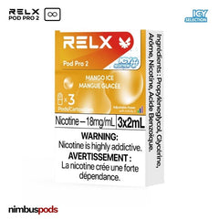 Three Mango Ice pods from RELX Infinity displayed in bright packaging, showcasing sweet mango flavor and icy finish.