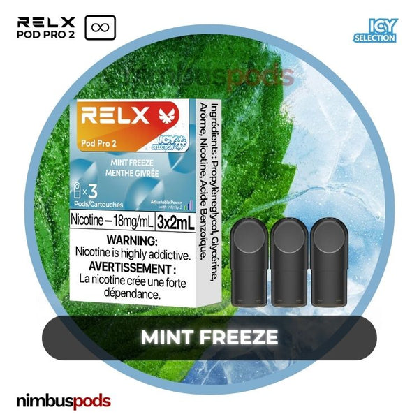 RELX Infinity Pod Pro 2 Mint Freeze packaging showcasing three icy mint-flavored vape pods with a refreshing design.