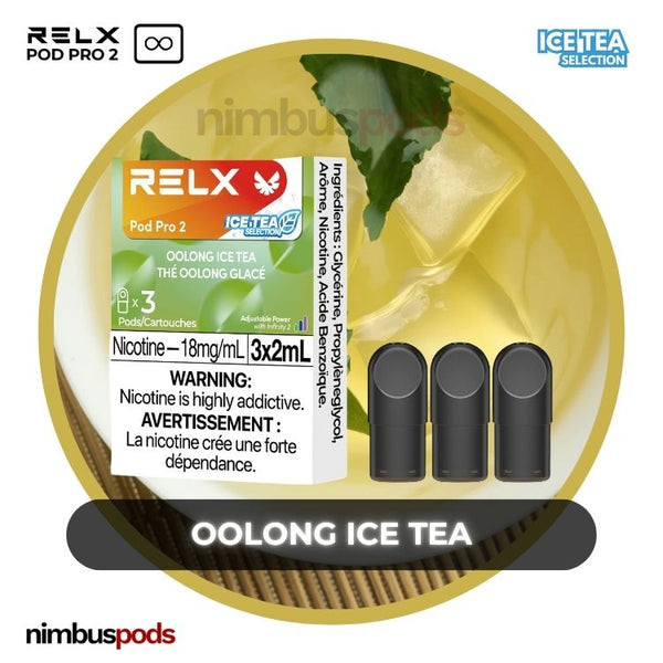 RELX Infinity Pod Pro 2 Oolong Ice Tea packaging highlighting three oolong tea-flavored vape pods with a refreshing chill.