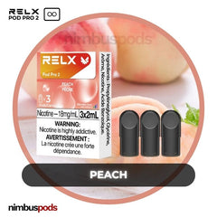 RELX Infinity Pod Pro 2 Peach packaging showcasing three juicy peach-flavored vape pods with a refreshing design.