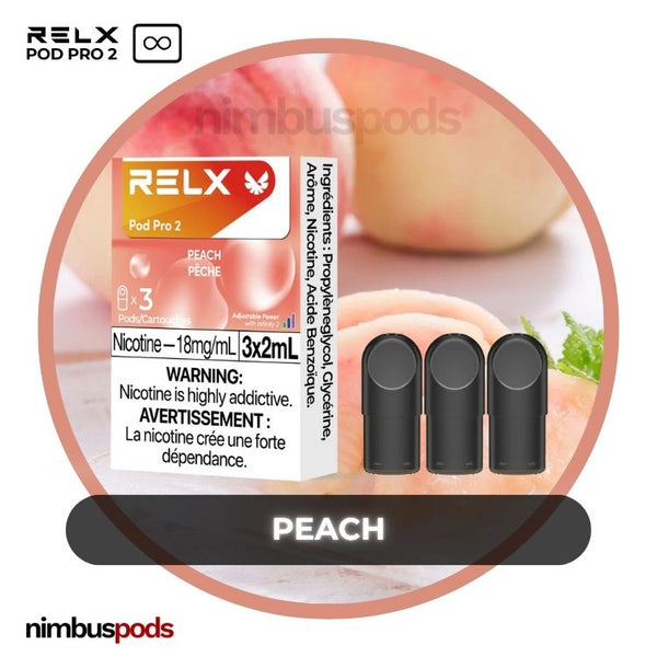 RELX Infinity Pod Pro 2 Peach packaging showcasing three juicy peach-flavored vape pods with a refreshing design.