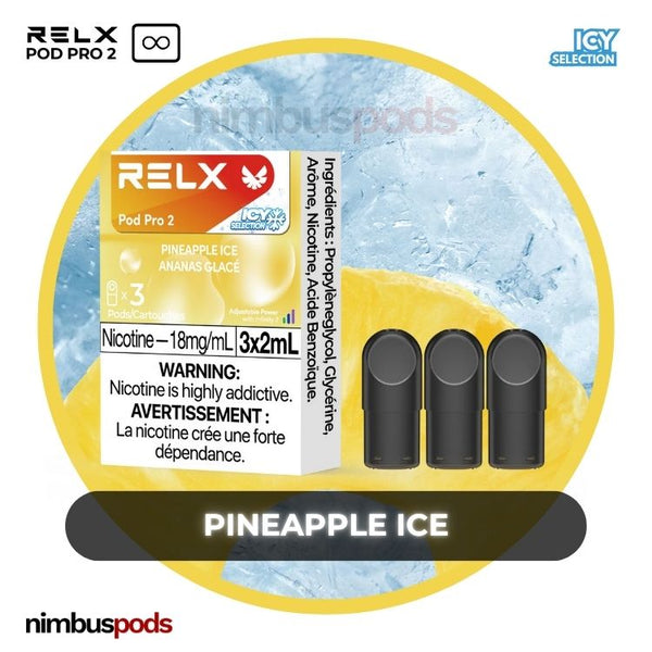 RELX Infinity Pod Pro 2 Pineapple Ice packaging featuring three tropical pineapple-flavored vape pods with a cool finish.