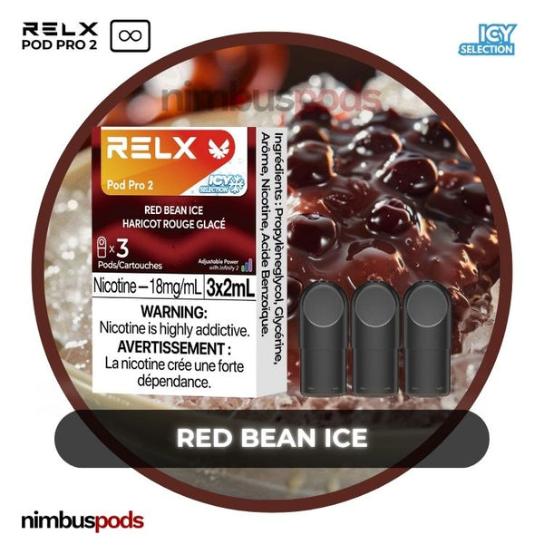 RELX Infinity Pod Pro 2 Red Bean Ice packaging showcasing three creamy red bean-flavored vape pods with an icy design.