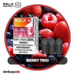 RELX Infinity Pod Pro 2 Berry Trio packaging displaying three fruity vape pods featuring blueberries, blackberries, and strawberries.