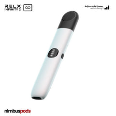 Side view of the White RELX Infinity 2 Vape Pod Device demonstrating its minimalistic and elegant design.