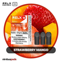 RELX Infinity Pod Pro 2 Strawberry Mango packaging featuring three fruity vape pods with strawberry and mango flavors.