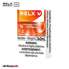 Three Strawberry Mango pods from RELX Infinity displayed in bright packaging, showcasing a delicious tropical blend.