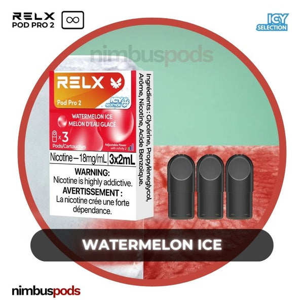 RELX Infinity Pod Pro 2 Watermelon Ice packaging showcasing three sweet watermelon-flavored vape pods with a cool finish.