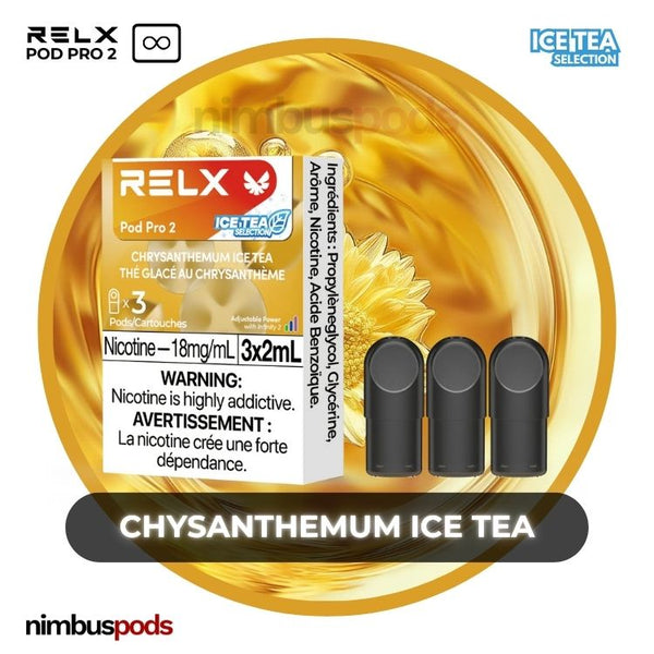 RELX Infinity Pod Pro 2 Chrysanthemum Ice Tea packaging highlighting three floral-flavored vape pods with an icy design.