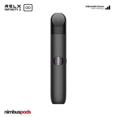 Front view of the Obsidian Black RELX Infinity 2 Vape Pod Device highlighting its elegant finish.