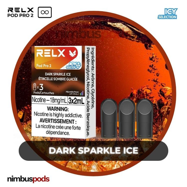 RELX Infinity Pod Pro 2 Dark Sparkle Ice Cola packaging featuring three cola-flavored vape pods with a refreshing fizzy design.