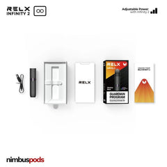 Contents of the Obsidian Black RELX Infinity 2 Vape Pod Device Kit, including the device, USB charger, and user manual.